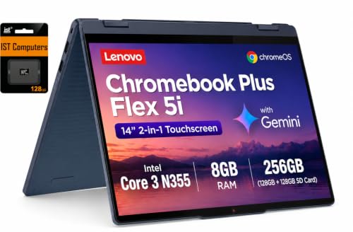 Lenovo Chromebook Plus (2026 neueste Flex 5i) 2-in-1-Laptop (14 Zoll FHD+ Touchscreen, Intel Core i3 N355, 8 GB RAM, 128 GB Speicher + 128 GB SD-Karte) Business, Zuhause, Studenten