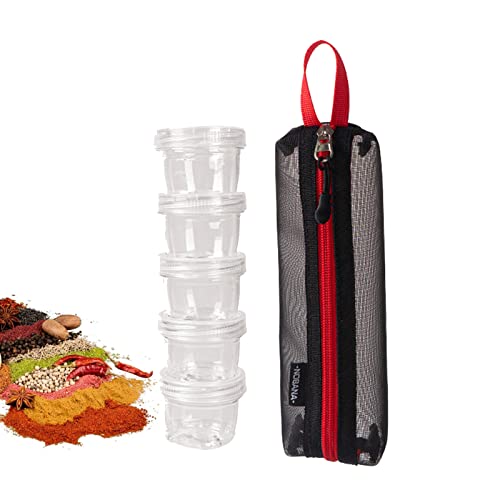 Joyeee Juego de 5 tarros de especias para camping, salero y pimentero bolsa de almacenamiento negra, organizador de condimentos empalmable, dispensador de contenedores para barbacoa al aire libre