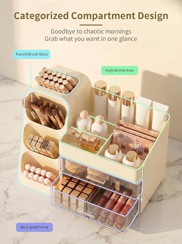 Image of Booklov Makeup Organizer for Vanity, Large Capacity Cosmetic Display Case with Clear Acrylic Drawer, Countertop Beauty Storage Holder for Skincare, Brush Eyeshadow Lipstick Counter Desk, Crystal Cream
