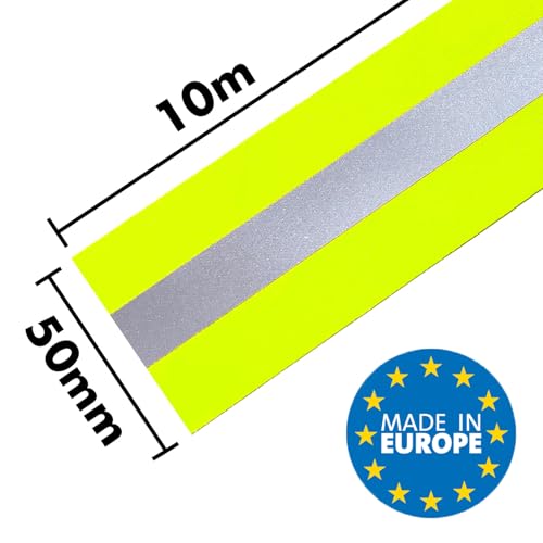 MARARDI Reflektierendes Klebeband zum Nähen - Reflektorband [10 Meter x 50 mm] [Fluoreszierendes Gelb] 100% Polyester - Reflektor Tape Hohe Sichtbarkeit - Reflexionsvermögen ≥300