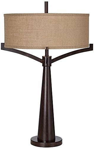 Franklin Iron Works Tremont Rustic Farmhouse Table Lamp 31 1/2" Tall Allegheny Bronze Brown Iron Burlap Fabric Drum Shade For Bedroom Living Room House Home Bedside Nightstand Office Entryway Kids #TOP9