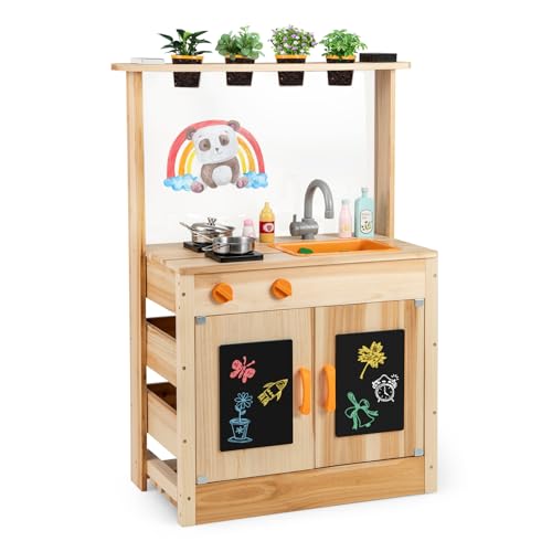 Costzon Mud Kitchen, Fir Wood Outdoor Play Kitchen with 4 Planting Pots, Stoves, Removable Sink, Acrylic Panel, Chalkboards & Accessories, Kids Kitchen Playset for Backyard Garden, Gift for Boys Girls