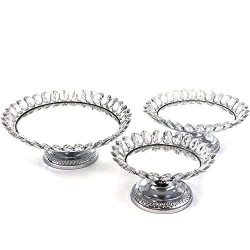 Image of allgala 3-Piece Set Crystal Silver Plated Cheese Dessert Cupcake Cake Stand with Mirror Plate-Silver Lotus-HD89208