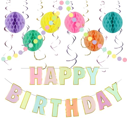 Pastel Birthday Party Decorations, 17 Pcs Macaron Birthday Decor with Birthday Sign, YITOBA Pre-Strung Happy Birthday Banner, Dot Garland, Hanging Streamer, Honeycomb Balls (Colorful)