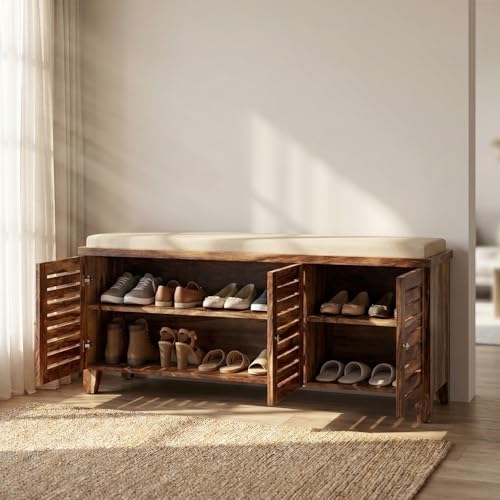 Image of Amazon Brand - Solimo Wigan Solid Sheesham Wood Shoe Rack (Natural Finish, 4 Shelves, 3 Doors)