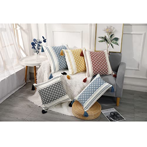 Panod Set Of 2 Boho Cotton Knitted Decorative Throw Pillow Covers With Tassel Rust And White,Modern Accent Classical Farmhouse Jacquard Jacquard Pillow Cover Cushion Case For Sofa Couch,20X20 #TOP5