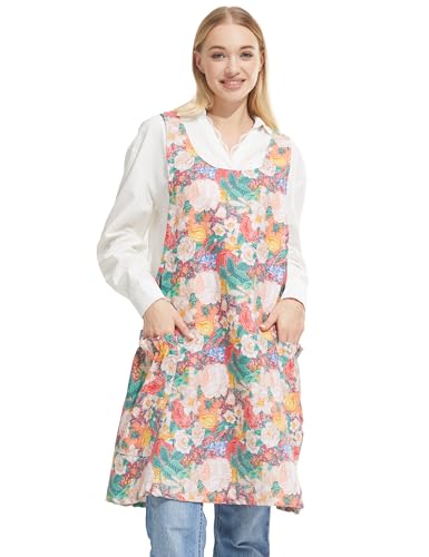 Image of Cozy Adjustable Cross Back Aprons for Women with Pockets Cotton Linen Cooking Kitchen Baking