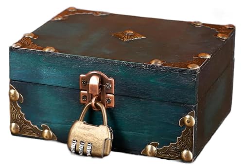 Zbozzba Cofre del tesoro de madera con cerradura de combinación, cofre del tesoro, cofre del tesoro de madera vintage, caja con cerradura, para joyas, decoración y almacenamiento, Esmeralda
