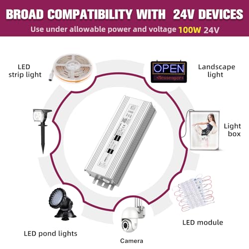 Image of EMITEVER 24Volt LED Driver 100W, ETL Listed Waterproof IP67 Power Supply Low Voltage Transformer Adapter 120V AC to 24V DC Converter for LED Strip Lights, Computer Project and Outdoor Lighting