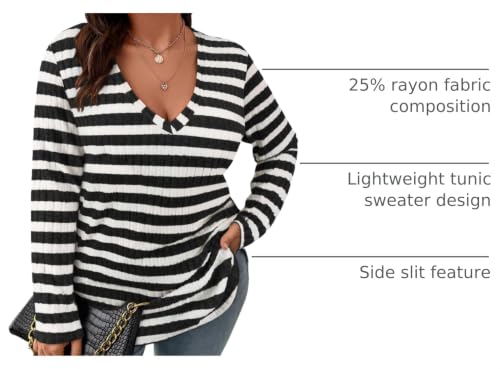 Image of Koscacy Women Plus Size Casual Knit Sweater V Neck Solid Color Tops Lightweight Long Sleeve Blouses