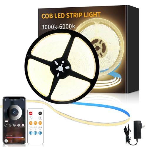 Image of 32.8ft COB LED Strip Lights 3000K Warm White Dimmable DC 24V Flexible LED Tape Light for Bedroom, with Remote and app Control LED Light Strip,for DIY Home Decoration
