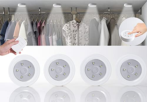 Image of LED Puck Lights with Wireless Remote and Auto Timer, Battery Operated Dimmable Under Cabinet Lights for Kitchen, Bedroom, Doorway, Closet, Hallway and Stairs, 4 Pack(White)