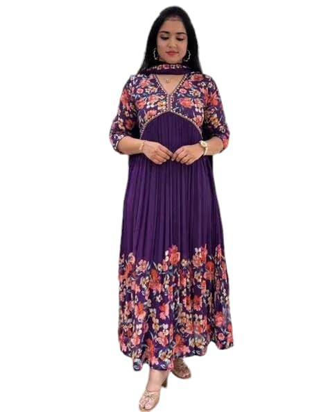 Image of KD Women's Anarkali Floral Printed Kurta Pant Set with Dupatta Anarkali Kurta for Women | Kurta Set | anarkali dress V-NACK kurtis set for women