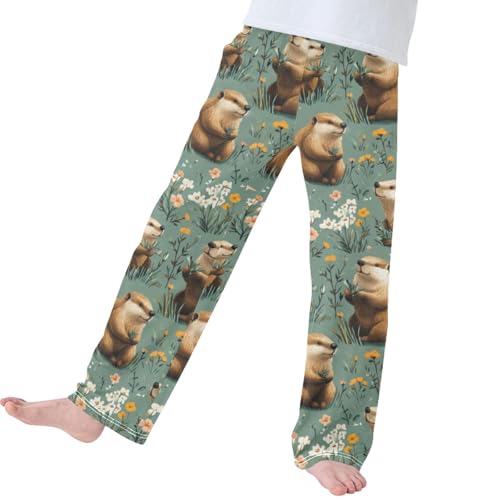 Pigsaly Boys Pajama Bottoms Boys' Pants Yellow Flower Plants Cute Brown Beavers Long Bottoms Jogger Pants S4