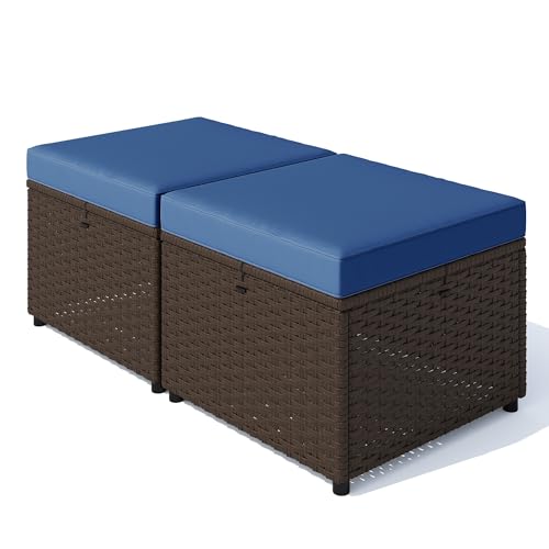 Image of HOMREST 3 Piece Patio Rattan Ottomans Set,Outdoor PE Wicker Footstool w /Removable Cushion, Storage Coffee Table & Multipurpose Footrest Stool for Porch, Poolside, Garden, Deck(Navy Blue) | Outdoor PE Wicker