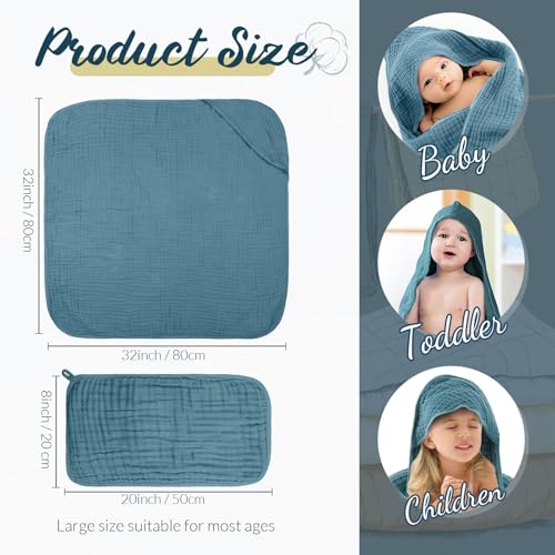 Image of VitalCozy 8 Pcs Baby Muslin Hooded Bath Towels and Washcloths, Muslin Hooded Baby Towels Absorbent Blankets for Gift Newborn Infant Shower (Dark Green,Dark Blue)