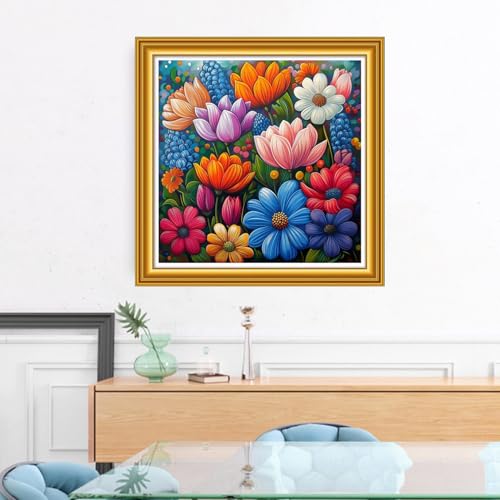 Image of Foxhool Stamped Cross Stitch Kits,11CT Printed Cross Stitch Pattern Full Embroidery Kits for Beginner Needlepoint Kits&Colorful Flowers 18x18 inch