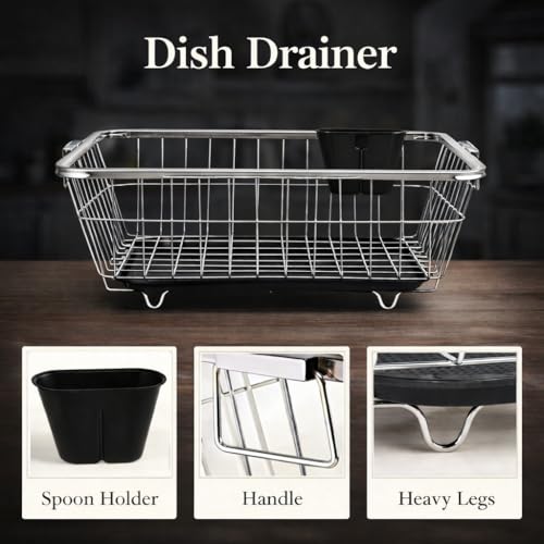 Image of Utensils Drying Rack And kitchen organizer rack | Stainless Steel Kitchen Rack 17x22 Inch | Dish Drying Rack with Drain Tray | Bartan Steel Rack | Vessel Drainer Basket & Utensil Holder NHSP