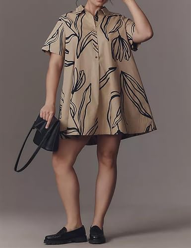Image of Women's Short Sleeve Swing Tunic Mini Dress Button Up Blouse Shirt Summer Loose Casual Flowy A Line Short Dresses