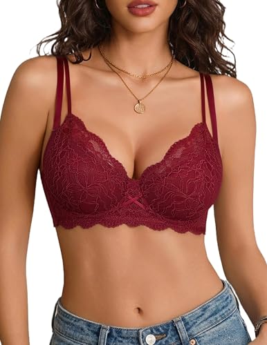 Avidlove Women Lace Underwire Bra Sexy Mesh Balconette Unlined Full Coverage Brassiere Three-Quarter Cup Bras Wine Red 2XL