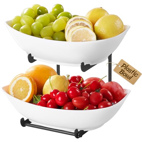 Lifewit Fruta para el Bandejas 2 Niveles de Plástico para Servir Comida, Bandeja de Servicio para Alimentos para Entretenimiento de Fiesta, Platos Reutilizables Soporte con Metal, 28 x 35 cm, Negro