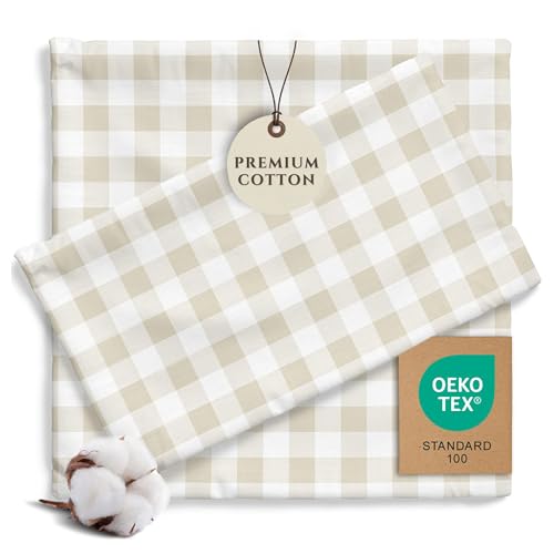 Image of Pobibaby Twin Sheet Set Kids, 3-Piece, Cotton Blend (Gingham Khaki) | Kids Bed Sheet Set, 3-Piece, Fitted Sheet, Flat Sheet, Pillowcase, Cotton Blend, Deep Pockets, Soft, Machine Wash, Seasons