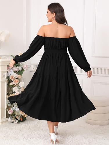 Plus Size Wedding Guest Dress Off The Shoulder Long Sleeve Smocked Slit Cocktail Party Maxi Dress for Curvy Women2