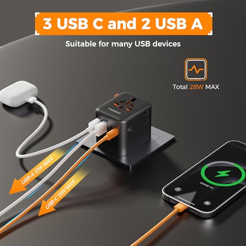 Image of TESSAN Universal Travel Adapter 28W, International Power Adapter with 5 USB Ports (3 USB C), Travel Plug Adaptor Worldwide for US to Europe UK France Germany Spain Australia (Type C G A I), Black