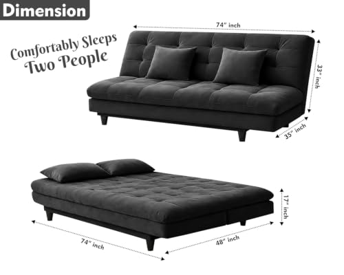Image of Velvet Fabric Wooden 3-Seater Apsen Sofa Bed with Tufted Couch with Adjustable Backrest- Living Room Furniture-Black-Color
