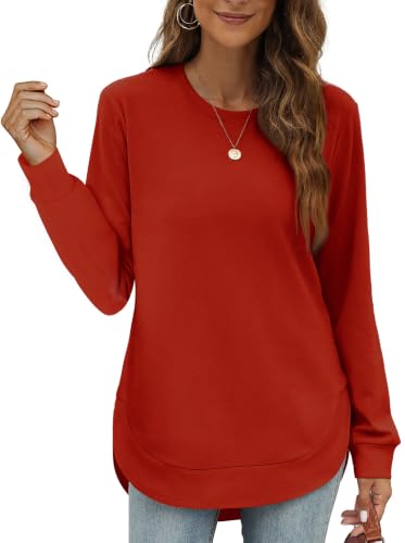 Image of OFEEFAN Womens Sweatshirt Crewneck Long Sleeve Shirts High Low Tops Curved Hem