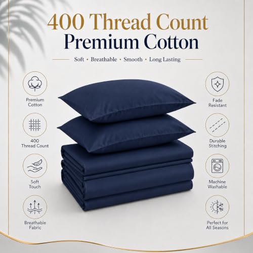 Image of LINENWALAS 100% Cotton Bedsheet with Pillow Cover for Double Size Bed, Natural Soft 400tc Long Staple Imported Egyptian Cotton Premium Oeko-Tex Certified Bed Sheet (90 inch x 100 inch, Navy Blue)