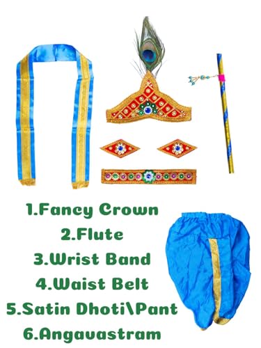 Image of Shri Krishna Costume Set - Ethnic Wear with Golden Jari Angavastram & Dhoti, Traditional Dress Set of 7 for Boys & Girls - Ideal for Janmashtami, Fancy Dress, and Festivals