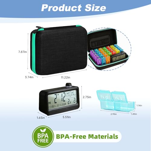 Image of Monthly Pill Organizer 2 /3 Times a Day, with Portable Hard Shell, Pill Cutter, 31-Day Box, Plastic Opening Pick, Monthly & Weekly Stickers, Medication Management (Green, 2 Times a Day with Clock)