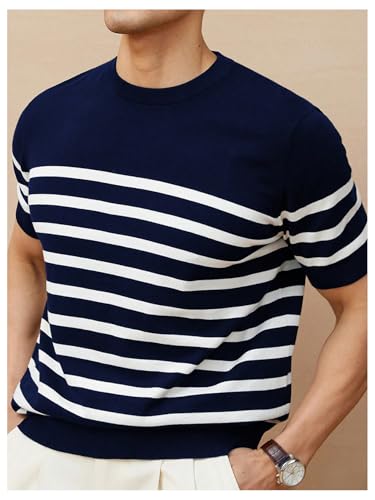 Men's Striped Sweaters Color Block Short Sleeve Crew Neck Knit Top2