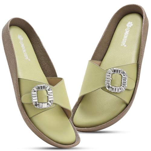 Image of Women Fashion Cross Strap Sliders with Crystal Buckle | Stylish Casual Slip-On Sandals for Women | Lightweight Comfort Slides Everyday Wear