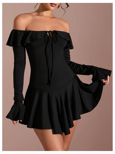 Floerns Women's Party Ruffle Dresses Elegant A Line Off Shoulder Front Tie Mini Dress3