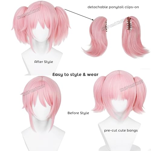 Image of Mado-ka Cosplay Wig Short Light Pink Anime Ponytail Wig with Bangs | Pastel Pink Wigs Cute Lolita Magic-Girl Wig Synthetic Hair for Women Halloween Party Costumes