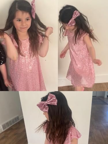 LQSZ Girls Sparkly Sequin Party Dress with Hairbow Flutter Sleeves Elegant Prom Wedding Concert for 3-12 Years4