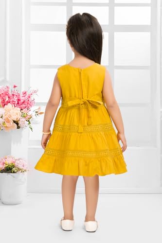 Image of Soft Cotton Lace Work Knee Length Fit & Flare Dress for Kids & Girls, Flower Embellished Frock for Casual & Special Occasion