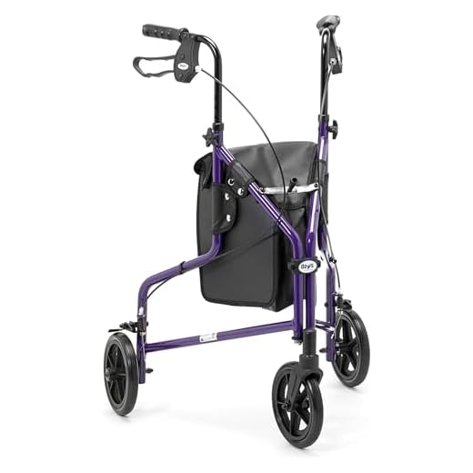 Days Lightweight Tri Wheel Walker Rollator – Aluminium Mobility Walker with Adjustable Height and Brakes – Foldable Walking Frame with Carry Bag – Mobility Aid for Elderly – Purple