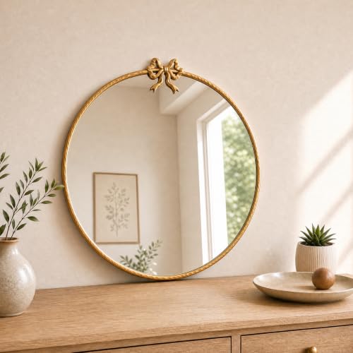 Image of 24 Inch Gold Circle Mirror, Bow Round Wall Mirror Vintage Gold Decor