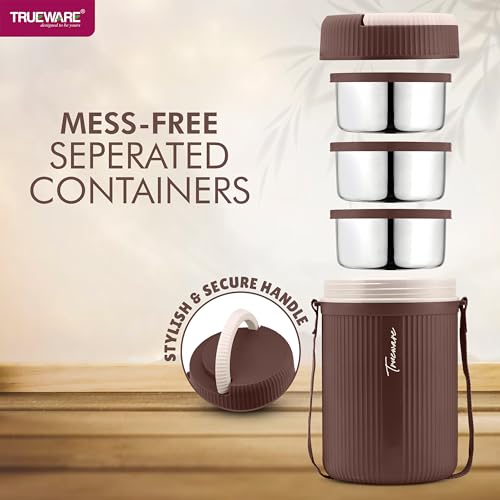 Image of Trueware Plastic Grub 3 Double Wall Insulated Hot Lunch Box with 3 Ss Container 300 Ml Each | Bpa Free | Food Grade | Hot and Fresh Many Hours (Brown (LBI-GRB-003-Brown BAZ)