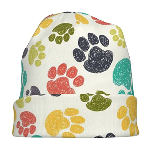 Cute Colorful Hand Drawn Doodle Dog Paw Slouchy Cool Beanies Skull Caps For Women Men Running Hat Soft Night Caps For Sleeping Chemo Headwear Winter Summer Warm Hat #TOP2