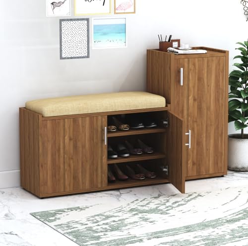Image of DesignFit 8 Shelves Engineered Wood Shoe Rack with Cushion Seat | L-Shape Shoe Storage Cabinet Organizer for Hallway and Bedroom - 142X36X90 cm (Walnut Finish)