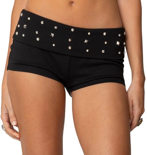 Women Studded Fold Over Shorts Y2k Low Waist Rivet...