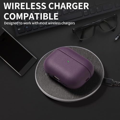 Image of KHR Leather Texture Full-Body Protective Case Cover for AirPods Pro 3rd Generation (2025), Wireless Charging and Front LED Visible Case with Lanyard for AirPods Pro 3 (Purple)
