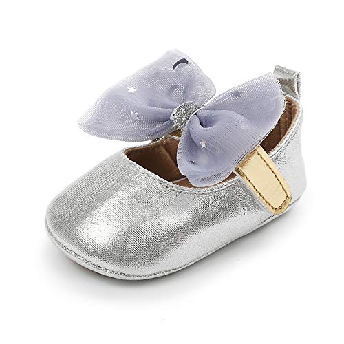 Infant Tddler Baby Girls Mary Jane Flats with Bowknot Ballet Shoes Rubber Sole Infant Non-Slip Shiny Wedding Dress Shoes, Silver 3-6 Months