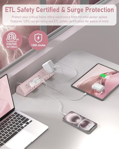 Image of Jgstkcity Desk Clamp Power Strip USB C 65W,Surge Protector,Pink | Surge Protector,5 Outlets,1875W Extension Cord,ETL Listed,Outlet Extender Desk Organizer,Office,Gaming,Dorm