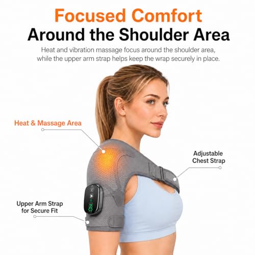 Image of Cordless Shoulder Heating Pad with Massage, Shoulder Massager with Heat, Heated Shoulder Wrap for Left or Right Shoulder, 3 Heat Levels & 3 Vibration Modes, 5000mAh Rechargeable Battery, Grey