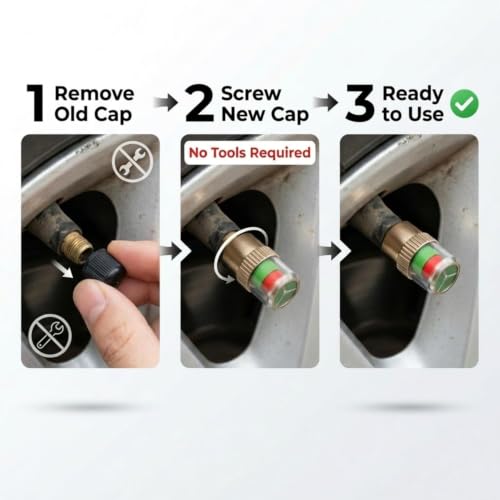 Image of Kripara Sales Car Tyre Pressure Indicator Valve Caps | Durable Metal Air Stem Covers with Decorative Radium Design Universal Tyre Valve Dust Covers | Metal Pressure Monitoring Caps (4 PCS)